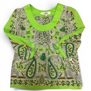 Tibi Vibrant Green Paisley Silk Blouse